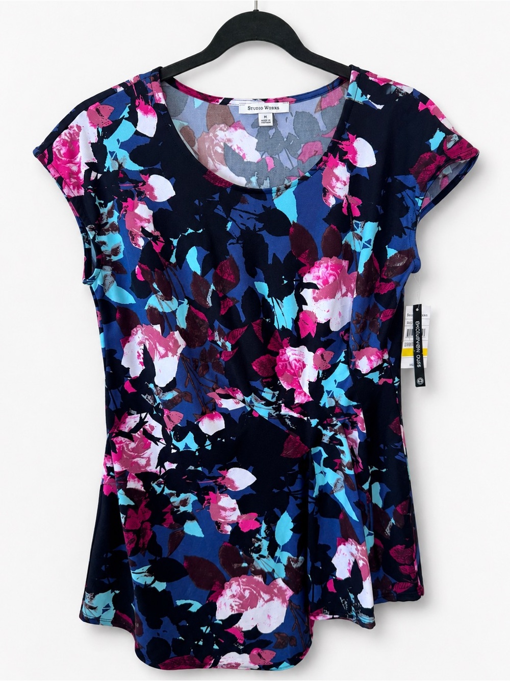 NWT Studio Works Navy Floral Cap-Sleeve Tunic with Pink & Aqua Accents